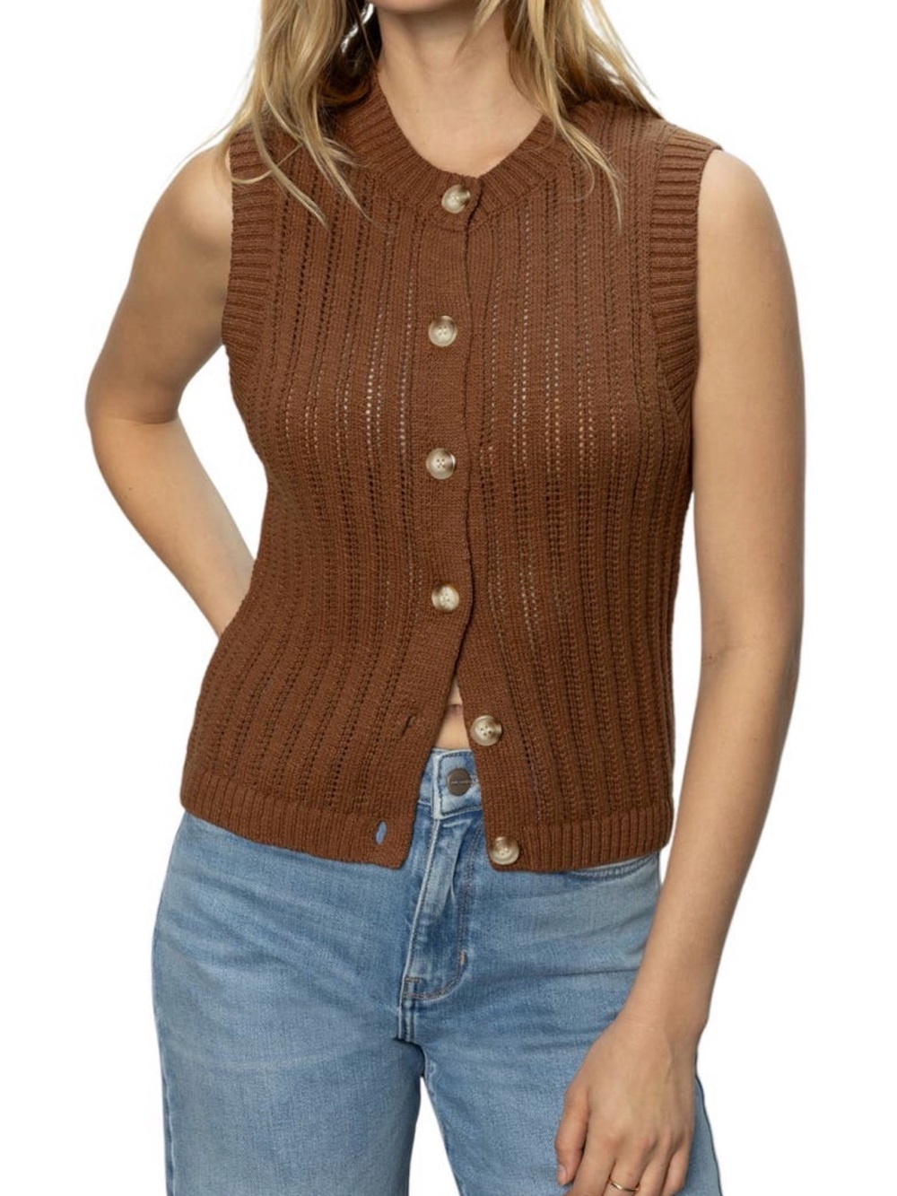 Sanctuary Ribbed Knit Button-Front Sweater Vest, Camel Brown, Size L 100% cotton
